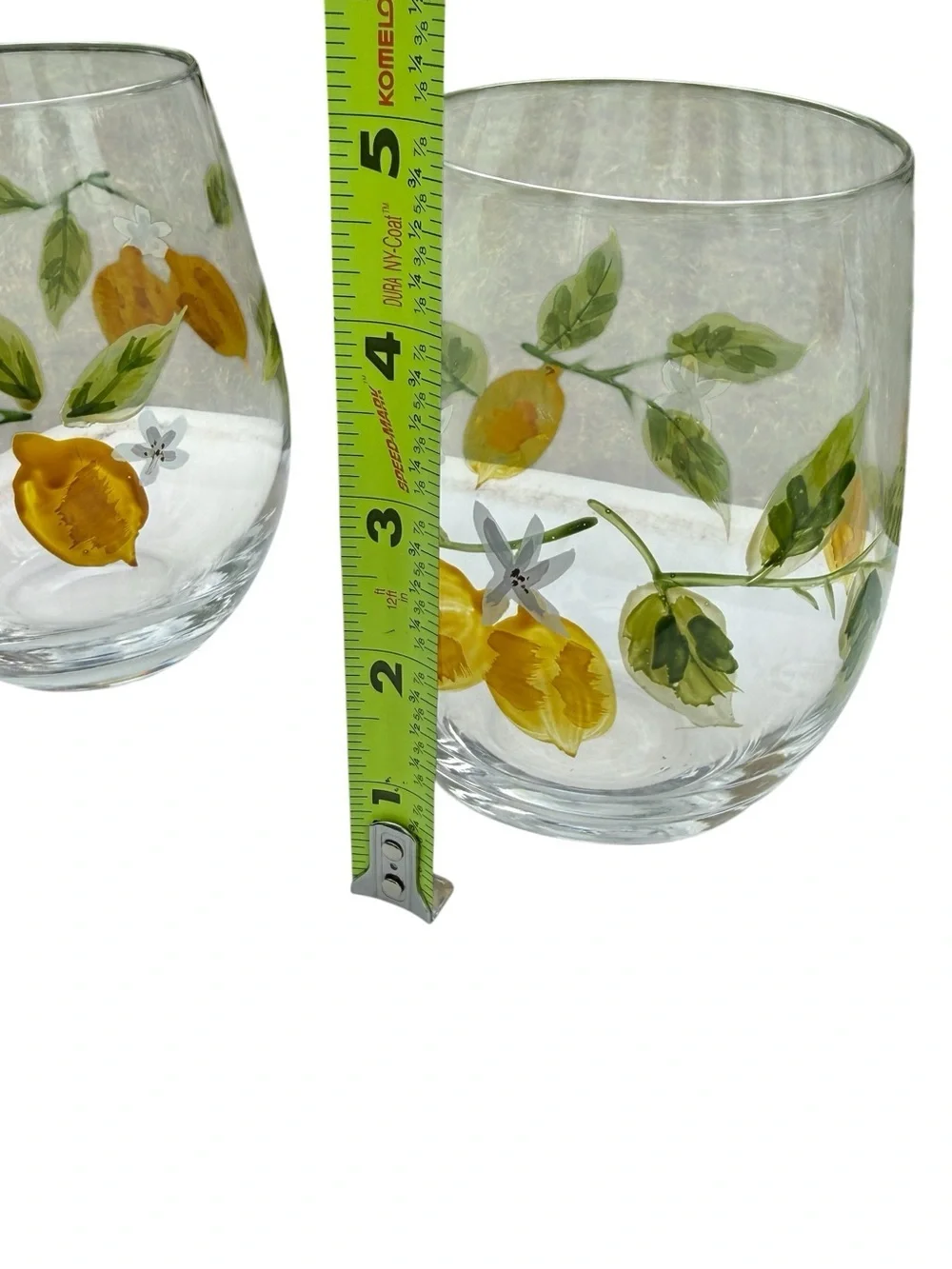 Pier 1 Hand Painted Lemon Stemless Wine Glasses Set 4 Citrus Floral Cottagecore